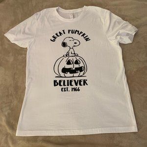 Large (12-14) | White T-Shirt | Peanuts | Great Pumpkin Believer (black print)
